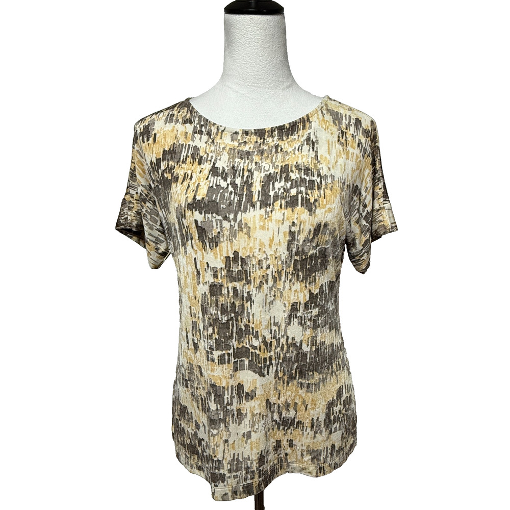 Chicos Travelers Top Womens Medium 1 Gray Yellow Abstract Slinky Stretch Coastal
